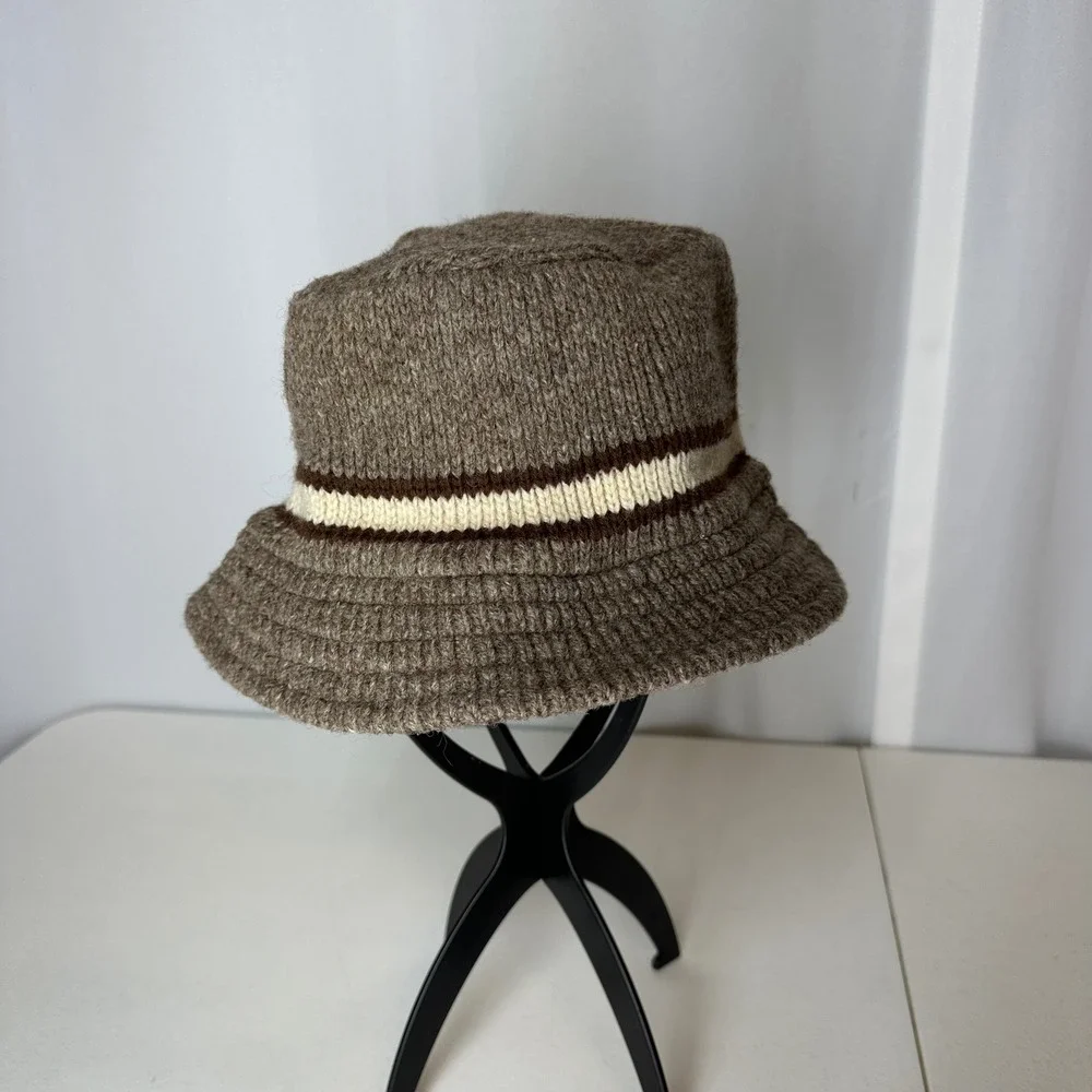 Vintage Wigwam Wool Knit Bucket Hat Brown Cream Stripe Made USA